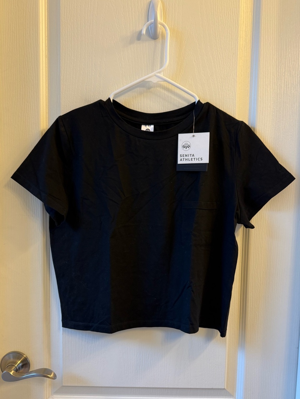 Senita Athletics Women's Black Crewneck Crop Pocket Tee